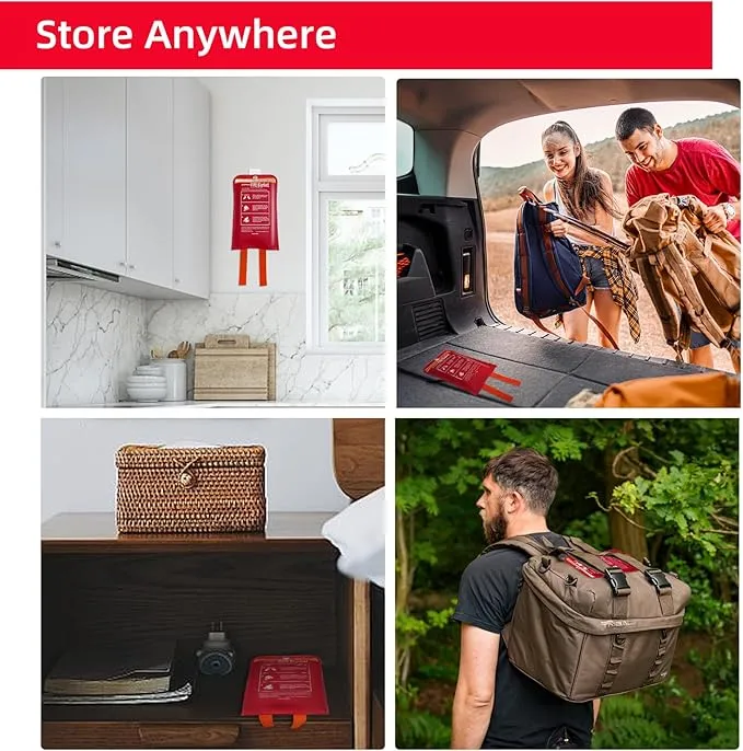 Fire Blanket for Home and Kitchen, Premium Fiberglass [No Harm to Skin], 39.3" X 39.3" Emergency Fire Suppression Blanket with 2 Hooks for Car, Garage, Office & Camping, 2 Pack