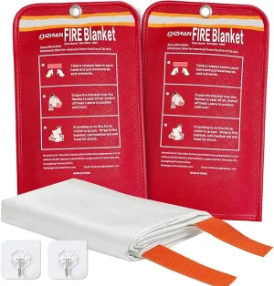 Fire Blanket for Home and Kitchen, Premium Fiberglass [No Harm to Skin], 39.3" X 39.3" Emergency Fire Suppression Blanket with 2 Hooks for Car, Garage, Office & Camping, 2 Pack