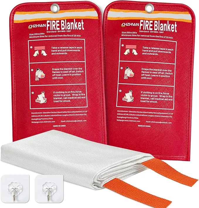 Fire Blanket for Home and Kitchen, Premium Fiberglass [No Harm to Skin], 39.3" X 39.3" Emergency Fire Suppression Blanket with 2 Hooks for Car, Garage, Office & Camping, 2 Pack