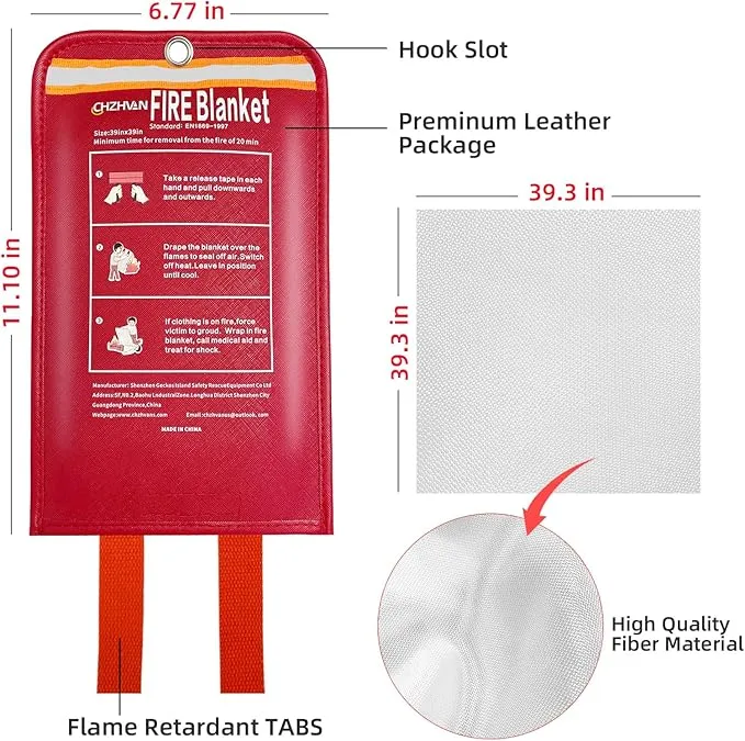 Fire Blanket for Home and Kitchen, Premium Fiberglass [No Harm to Skin], 39.3" X 39.3" Emergency Fire Suppression Blanket with 2 Hooks for Car, Garage, Office & Camping, 2 Pack