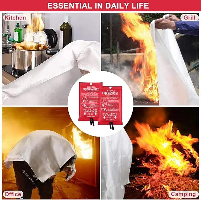 Fire Blanket for Home, Fiberglass Emergency Fire Blanket for Kitchen Suppression Flame Retardant Blankets for House, School, Fireplace, Camping, Grill, Car, BBQ, Warehouse