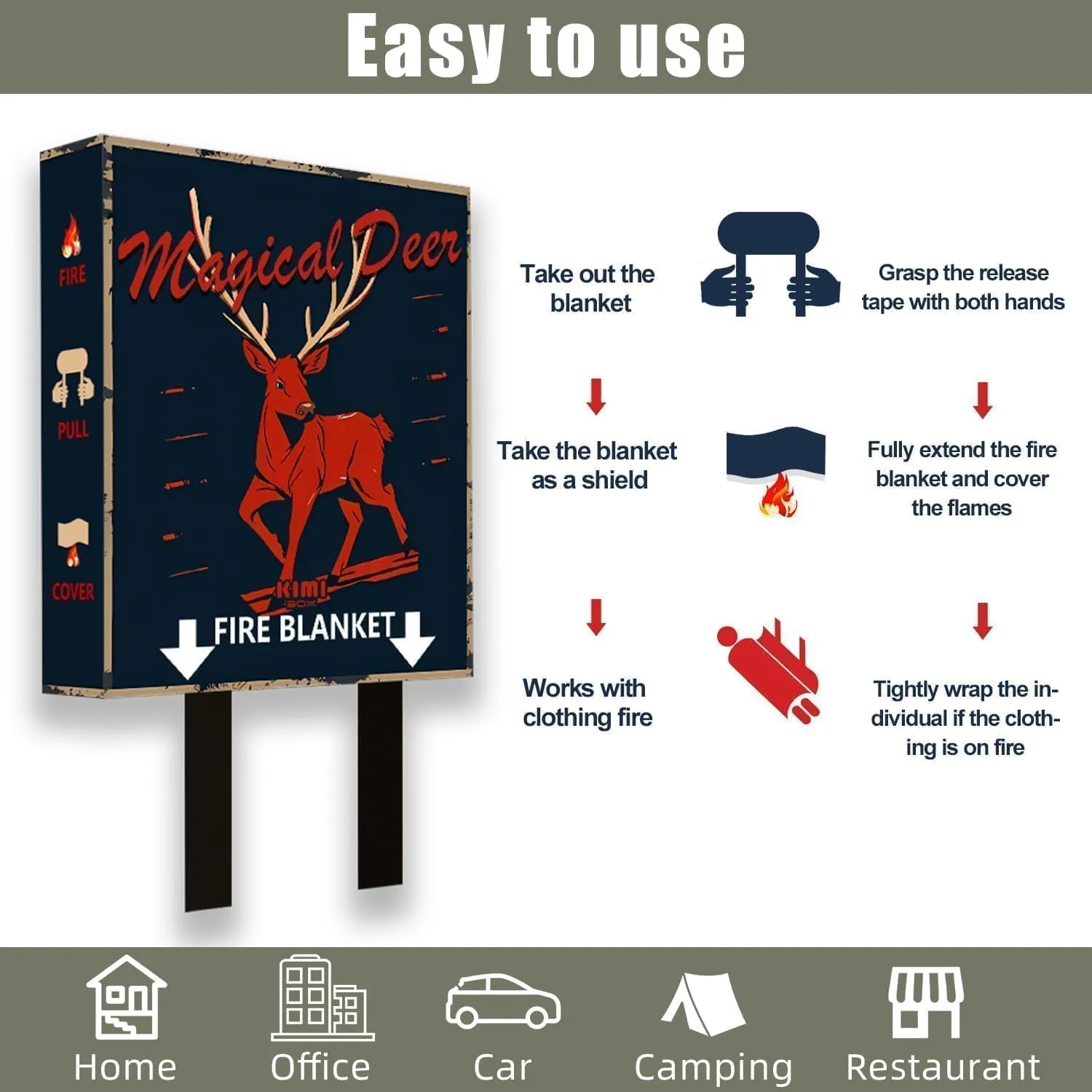 Fire Blanket with Decoration Cover, 47x47 inches Fiberglass Fire Emergency Blanket, Flame Suppression Retardant Fireproof Survival Blanket, Deer