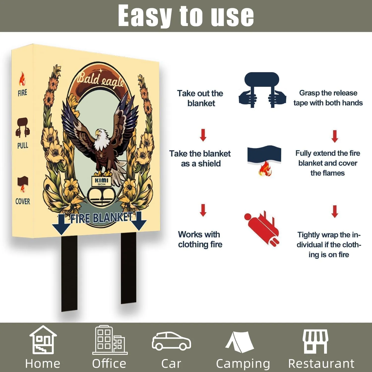 Fire Blanket with Decoration Cover, 47x47 inches Fiberglass Fire Emergency Blanket, Flame Suppression Retardant Fireproof Survival Blanket, Eagle