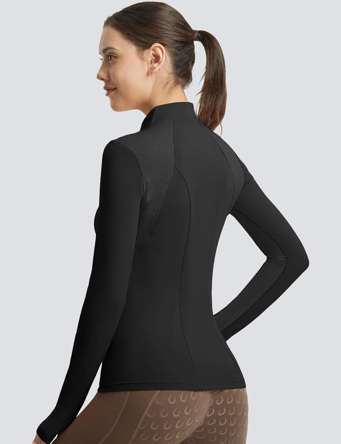 FitsT4 Sports Womens Equestrian Shirts Thumbholes Long Sleeve Horse Riding Shirts Quick Dry UPF50  Riding Top Half Zip