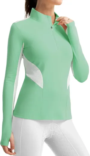 FitsT4 Sports Womens Equestrian Shirts Thumbholes Long Sleeve Horse Riding Shirts Quick Dry UPF50  Riding Top Half Zip
