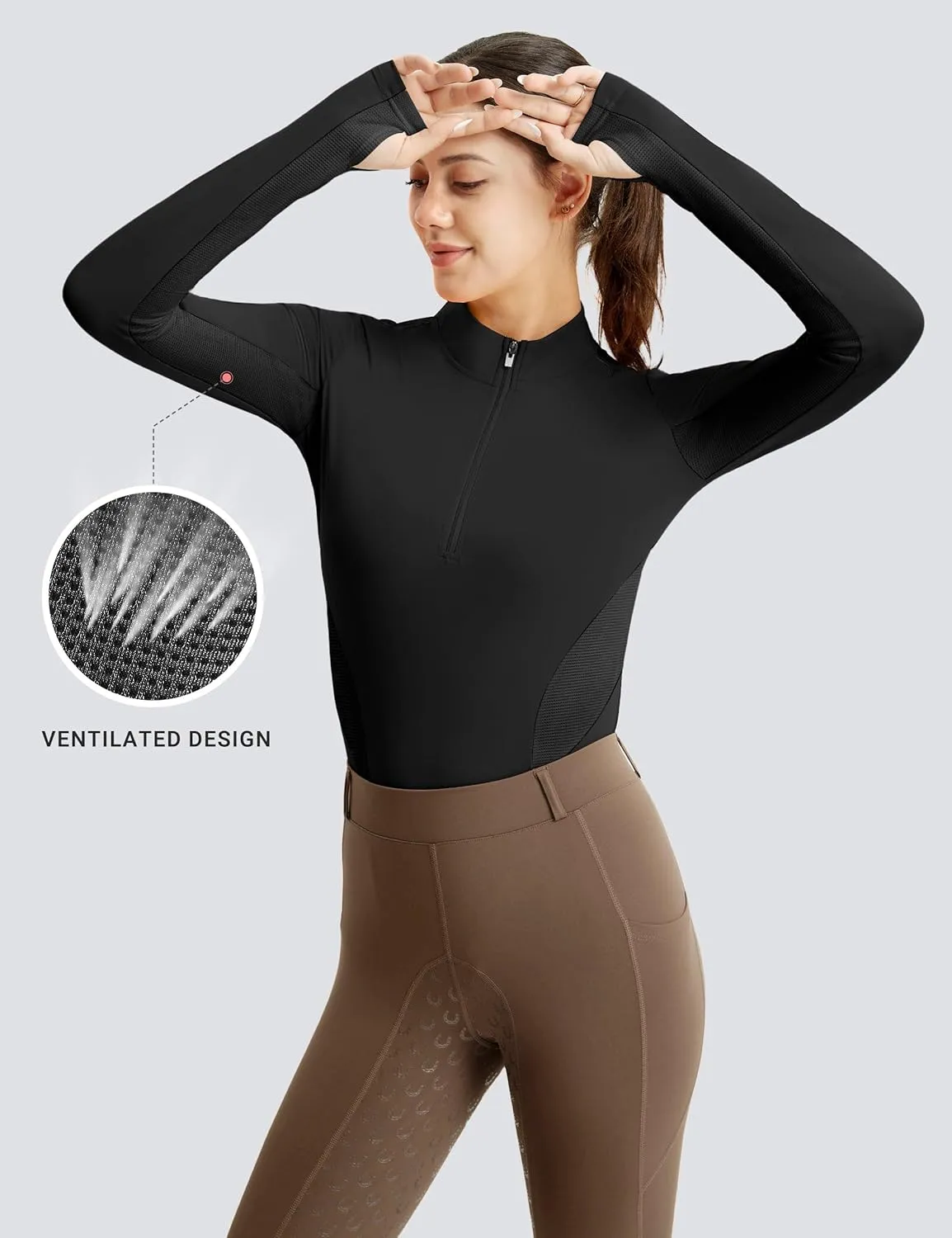FitsT4 Sports Womens Equestrian Shirts Thumbholes Long Sleeve Horse Riding Shirts Quick Dry UPF50  Riding Top Half Zip