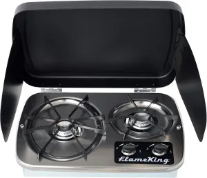 Flame King YSNHT600 2-Burner Built-in RV Cooktop Propane Stove, 7200 and 5200 BTU Burners, Self-Igniting, Cover Included, Silver, 18.5" x 13" x 4.5"
