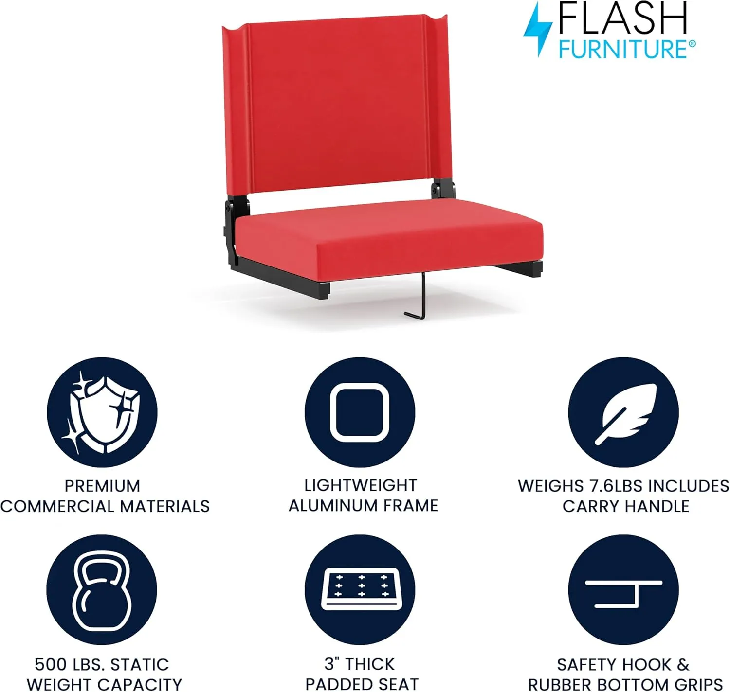 Flash Furniture Grandstand Portable Stadium Seat for Bleachers or Benches, Folding Padded Stadium Chair with Carrying Handle, 500 lb. Weight Capacity, Red