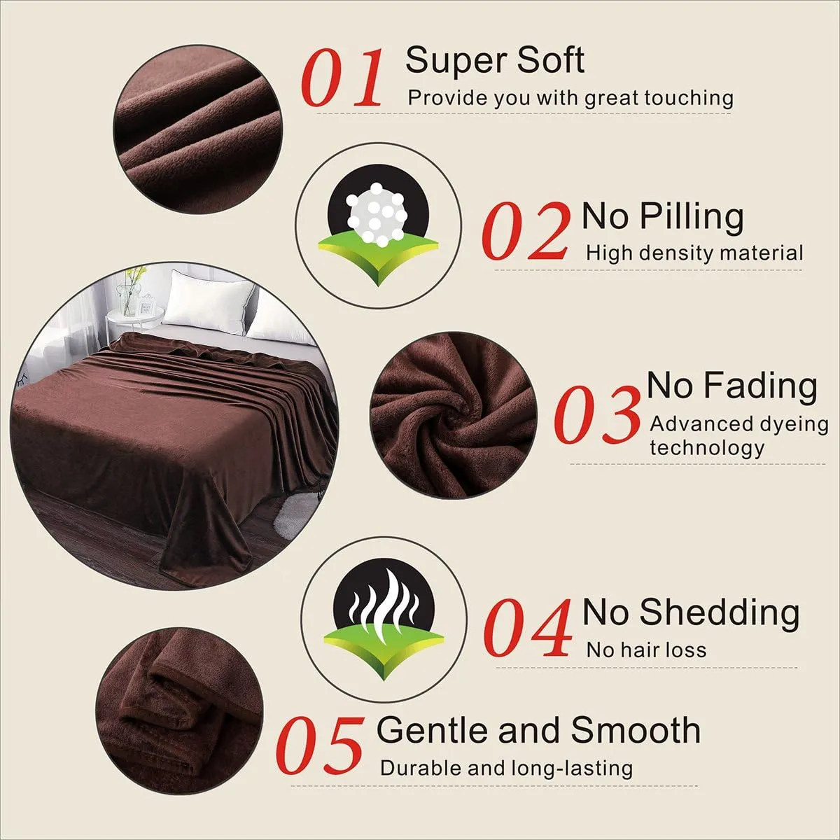 Fleece Blanket Queen Size 350GSM Lightweight Throw for The Bed Extra Soft Brush Fabric Super Warm Sofa Blanket 90" x 90"(Brown Queen)