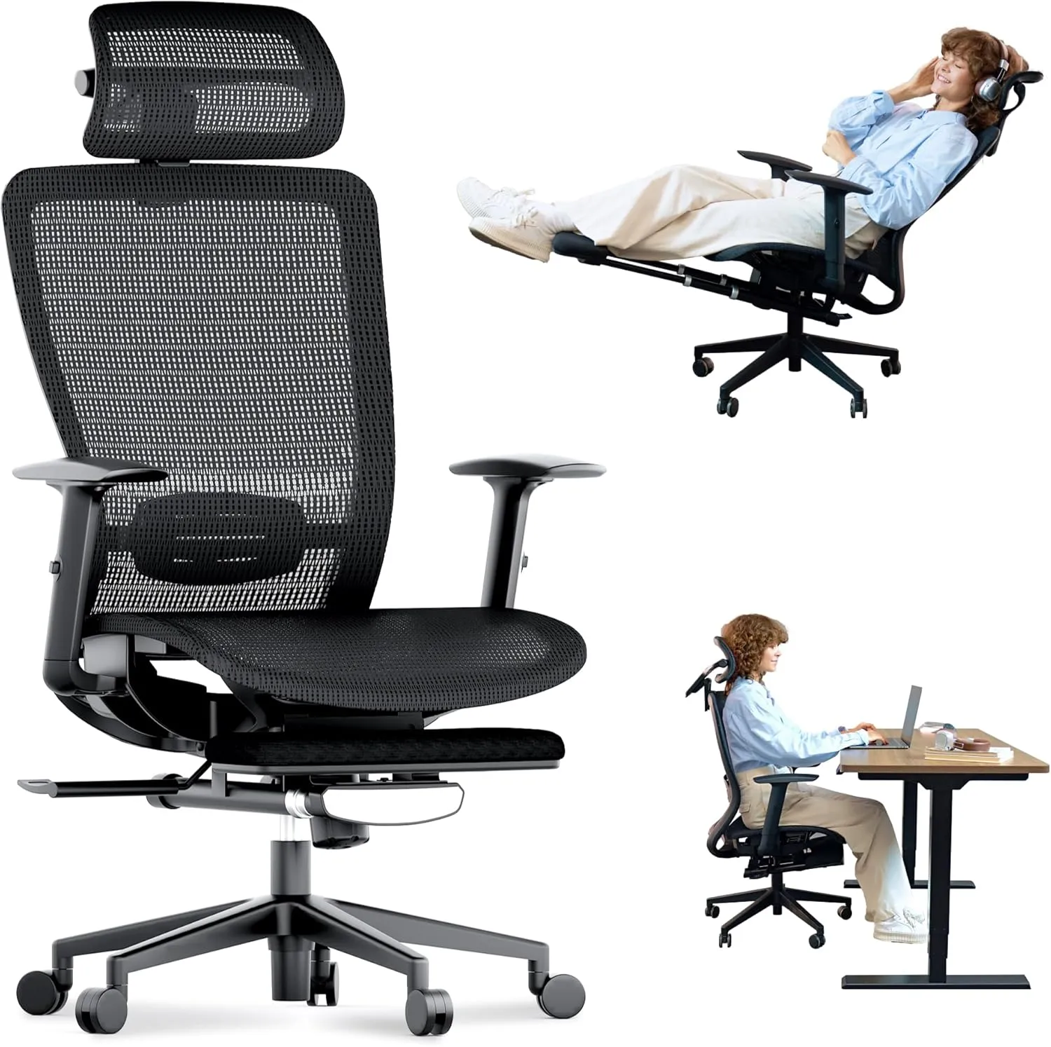 FLEXISPOT Ergonomic Office Chair, Mesh Swivel Computer Chair, Home Office Desk Chairs, with 4D Headrest/Lumbar Support/23in Retractable Footrest/500LBS Heavy Duty Black OC3