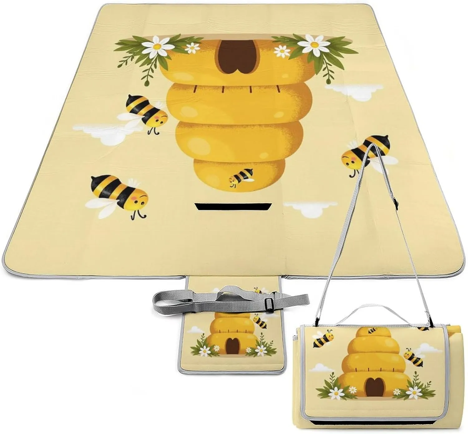 Foldable Honey Bee Hive Yellow Picnic Mat for Women and Men, Portable Waterproof Beach Blanket for Outdoor Camping Park Travel Accessories