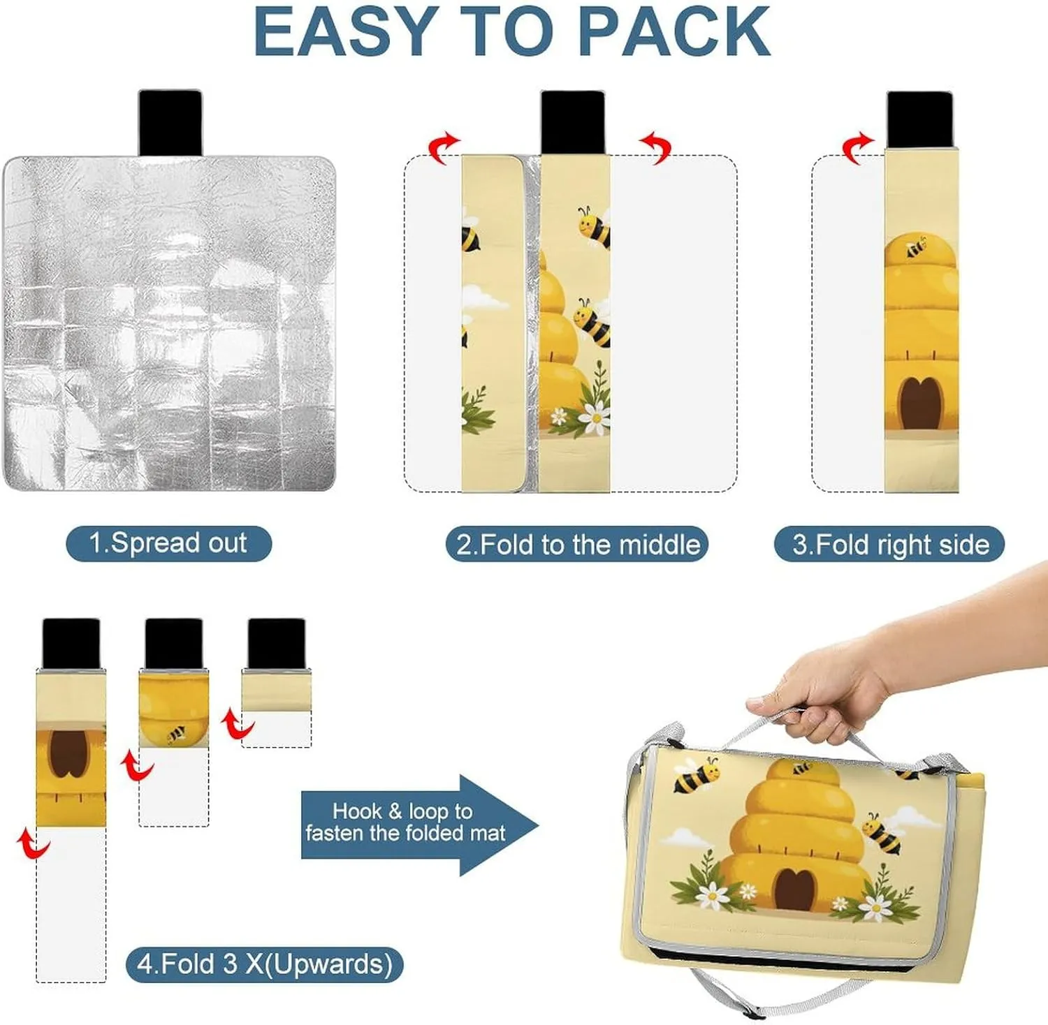 Foldable Honey Bee Hive Yellow Picnic Mat for Women and Men, Portable Waterproof Beach Blanket for Outdoor Camping Park Travel Accessories