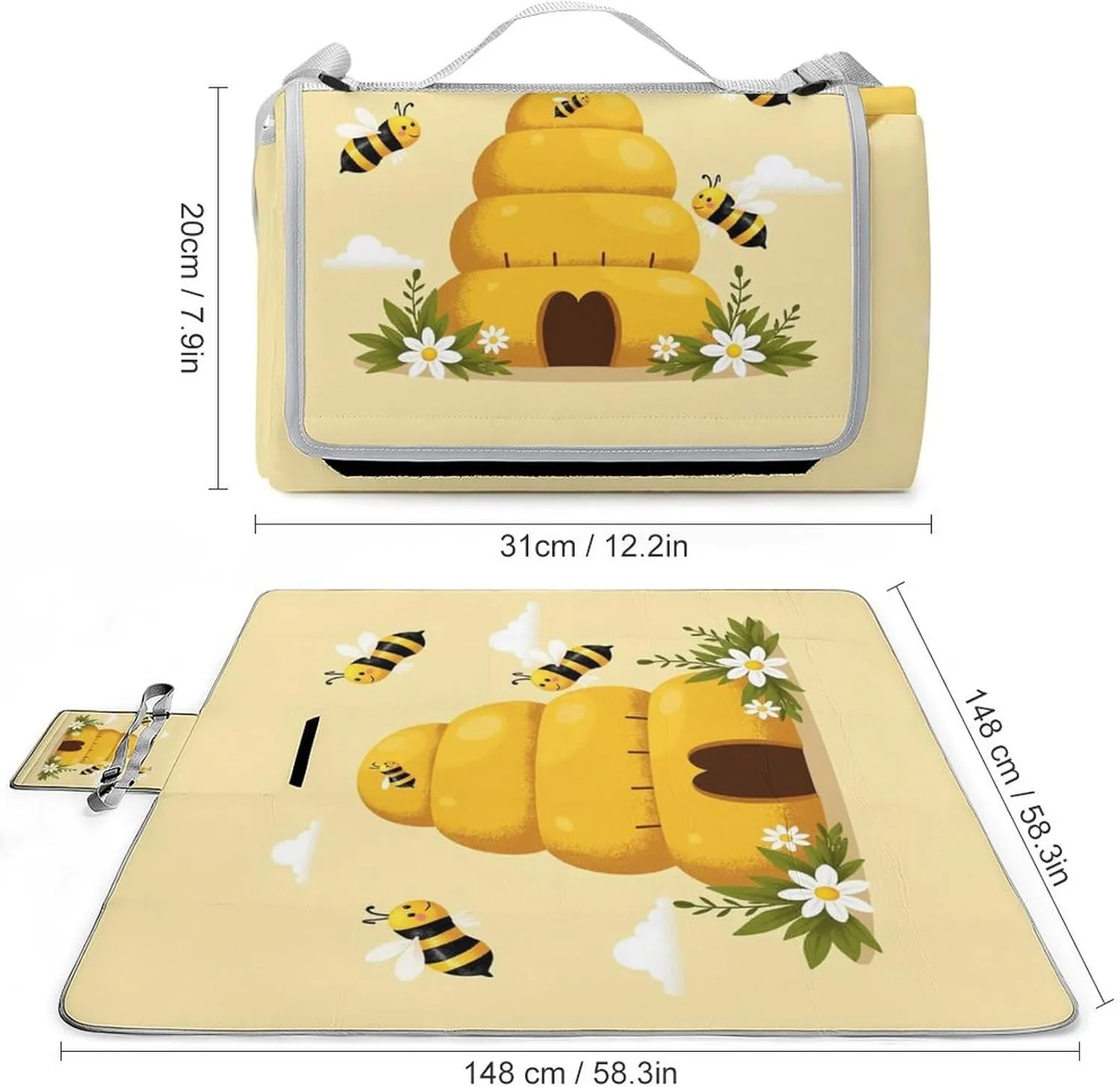 Foldable Honey Bee Hive Yellow Picnic Mat for Women and Men, Portable Waterproof Beach Blanket for Outdoor Camping Park Travel Accessories