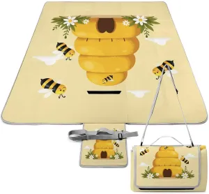 Foldable Honey Bee Hive Yellow Picnic Mat for Women and Men, Portable Waterproof Beach Blanket for Outdoor Camping Park Travel Accessories
