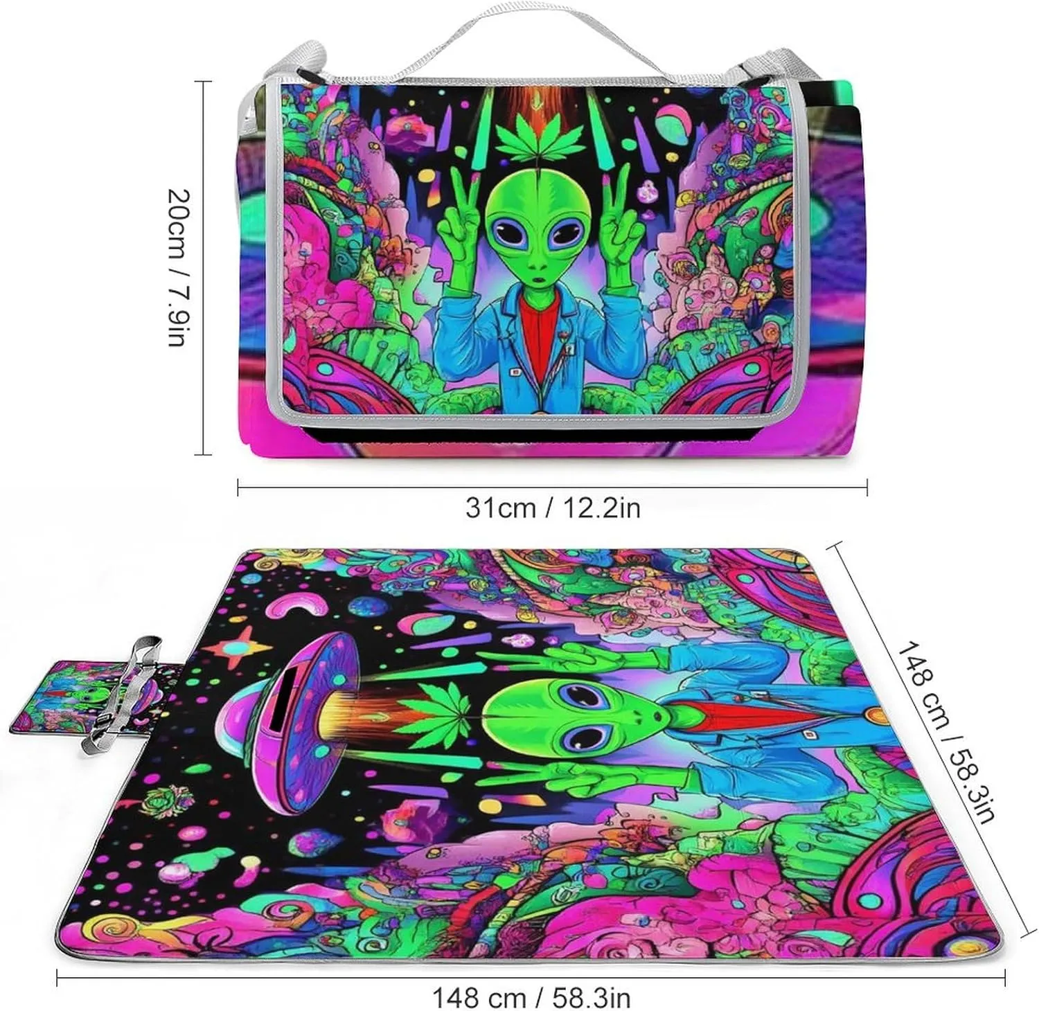 Foldable Trippy Alien UFO Art Picnic Mat for Women and Men, Portable Waterproof Beach Blanket for Outdoor Camping Park Travel Accessories