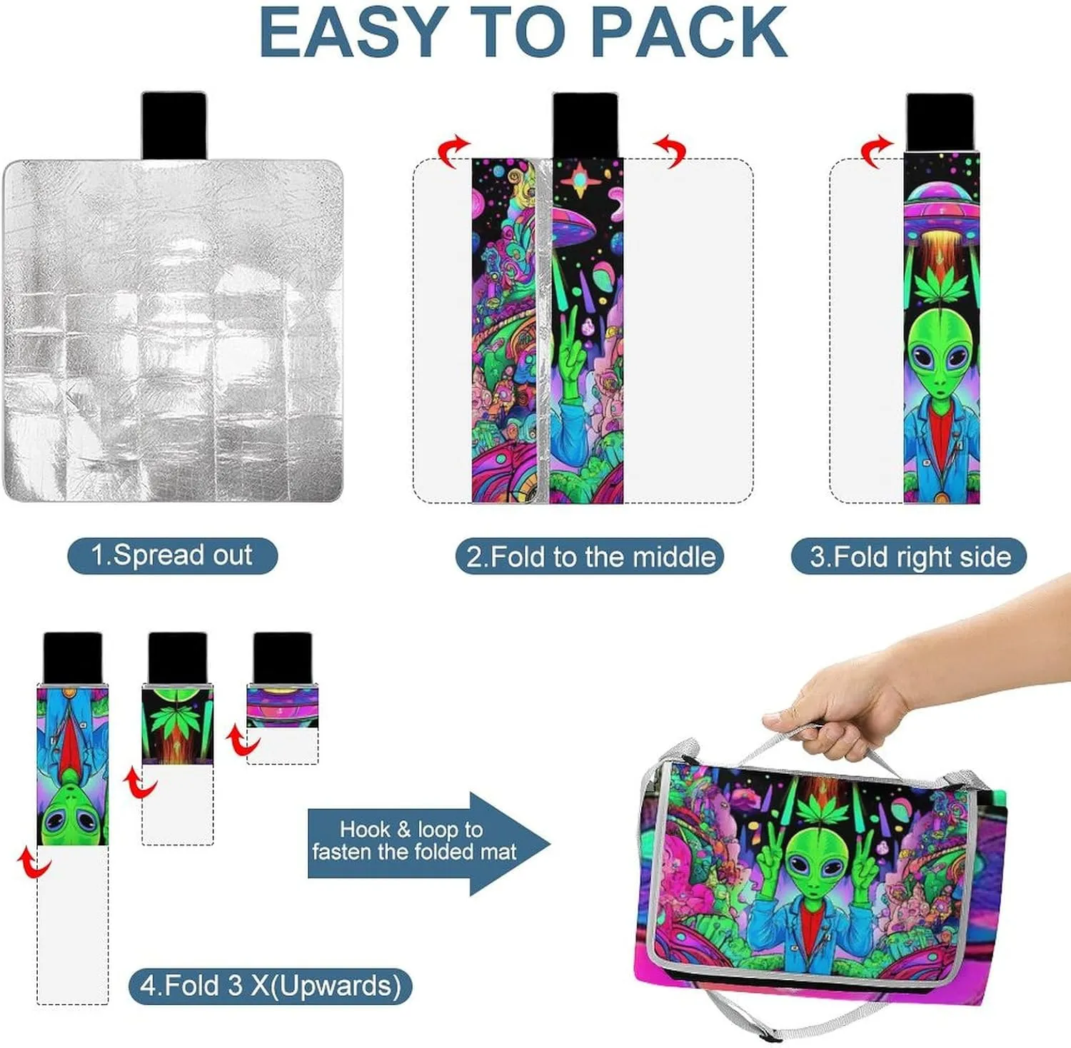 Foldable Trippy Alien UFO Art Picnic Mat for Women and Men, Portable Waterproof Beach Blanket for Outdoor Camping Park Travel Accessories