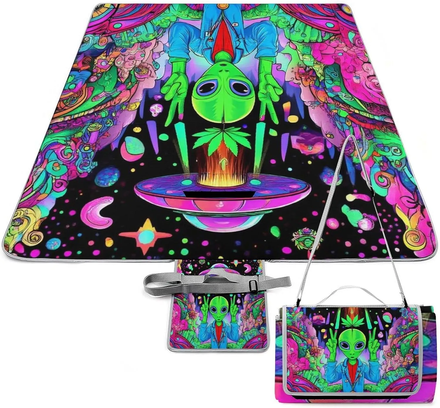 Foldable Trippy Alien UFO Art Picnic Mat for Women and Men, Portable Waterproof Beach Blanket for Outdoor Camping Park Travel Accessories