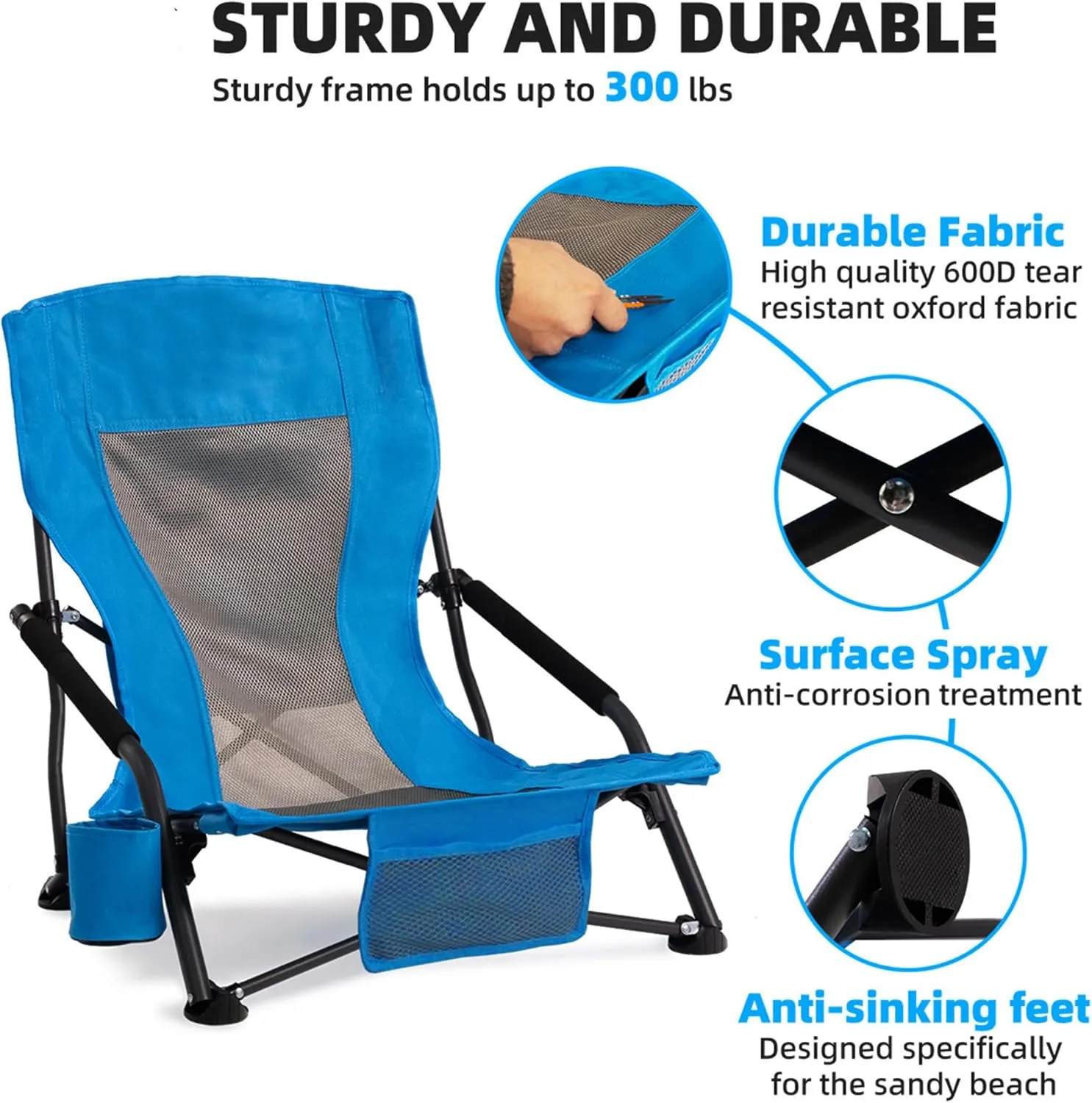 Folding Camping Chair - Lightweight Portable Beach Chair with Cup Holder, Heavy Duty 300lbs Capacity Lawn Chair for Outdoor Camping, Travel, Concert (Light Blue)