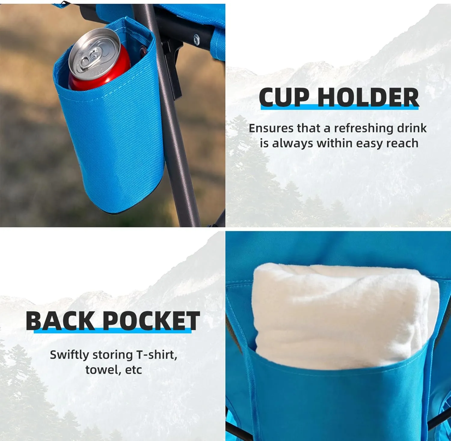 Folding Camping Chair - Lightweight Portable Beach Chair with Cup Holder, Heavy Duty 300lbs Capacity Lawn Chair for Outdoor Camping, Travel, Concert (Light Blue)