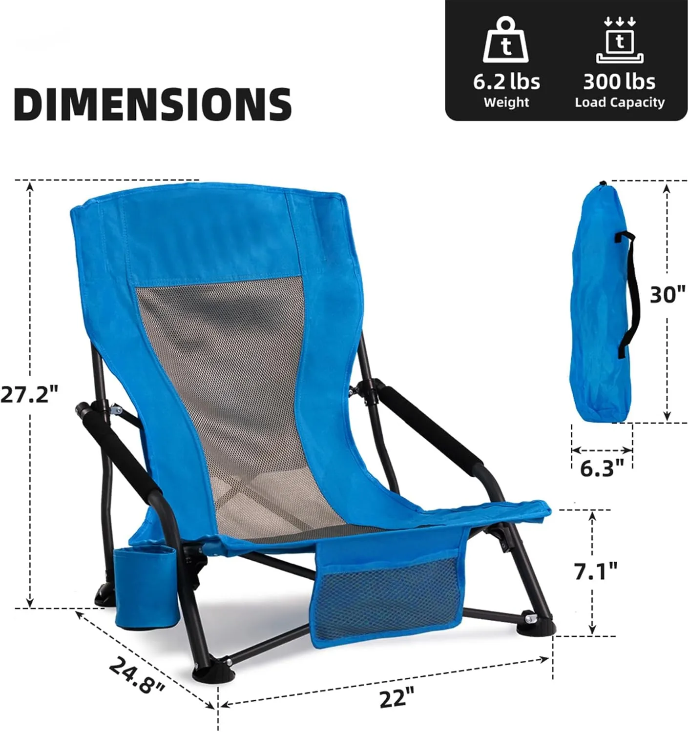 Folding Camping Chair - Lightweight Portable Beach Chair with Cup Holder, Heavy Duty 300lbs Capacity Lawn Chair for Outdoor Camping, Travel, Concert (Light Blue)