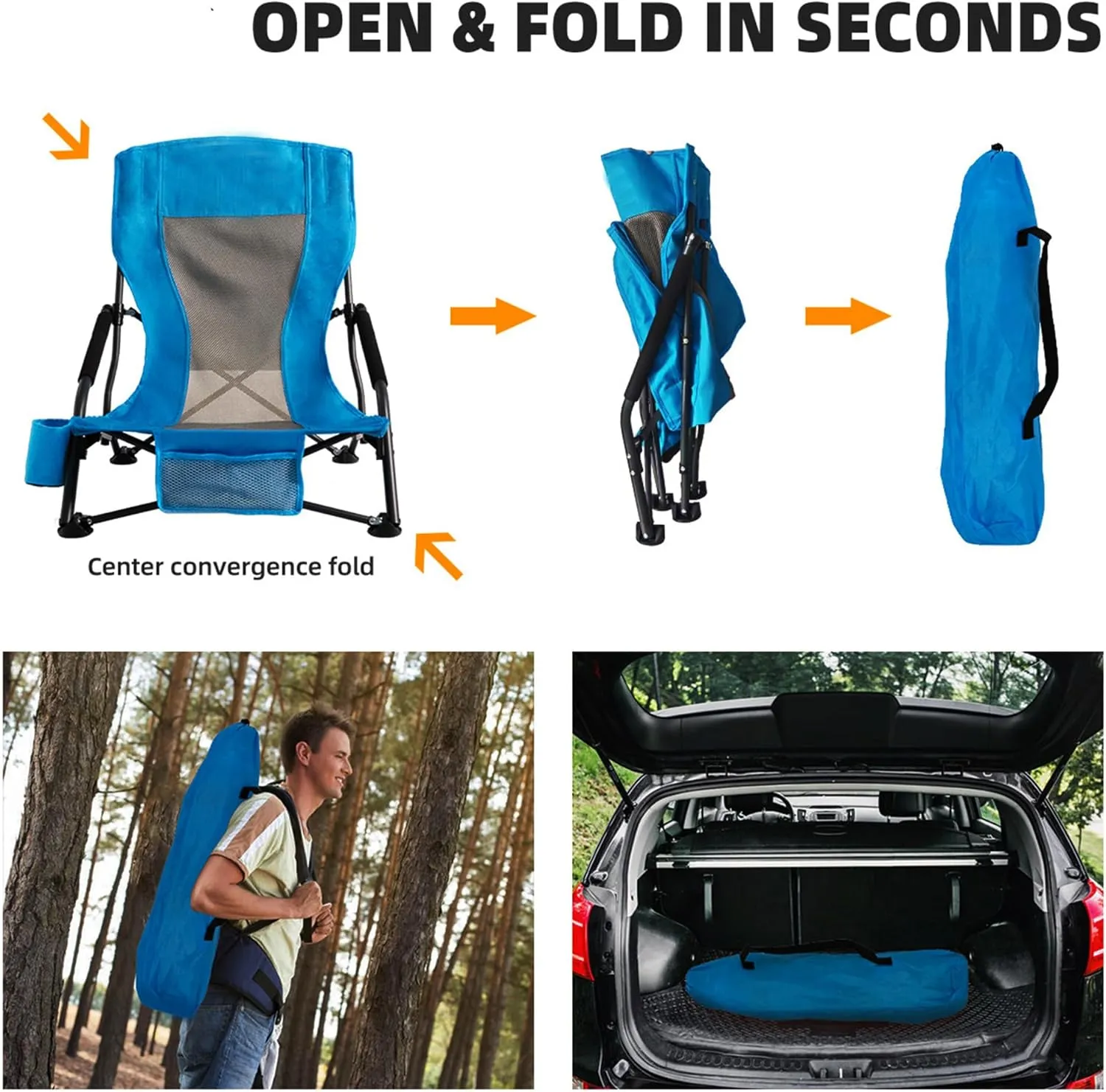 Folding Camping Chair - Lightweight Portable Beach Chair with Cup Holder, Heavy Duty 300lbs Capacity Lawn Chair for Outdoor Camping, Travel, Concert (Light Blue)