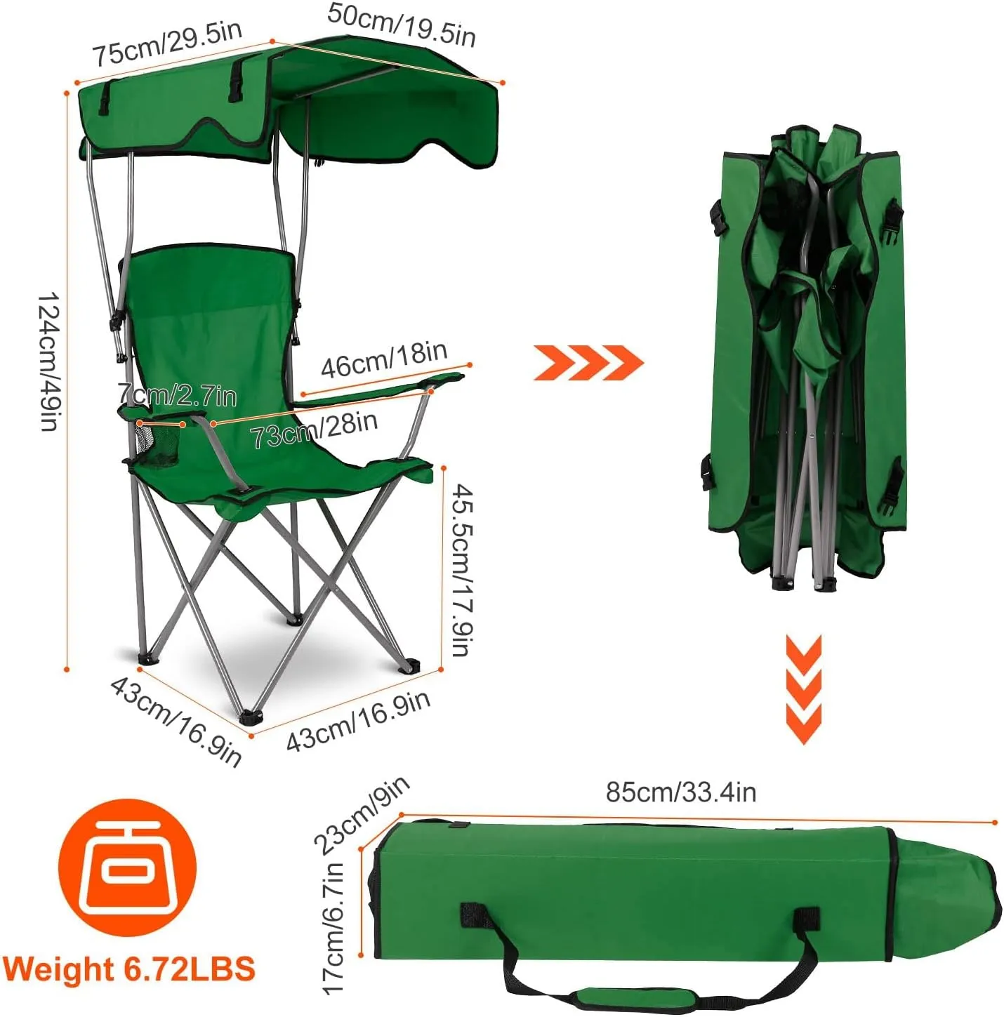 Folding Chair for Outside Camping Chair Foldable Canopy Chair with Shade Sun Protection Camping Recliner a Carry Bag with Cup Holder for Fishing/Beach/Poolside/Travel