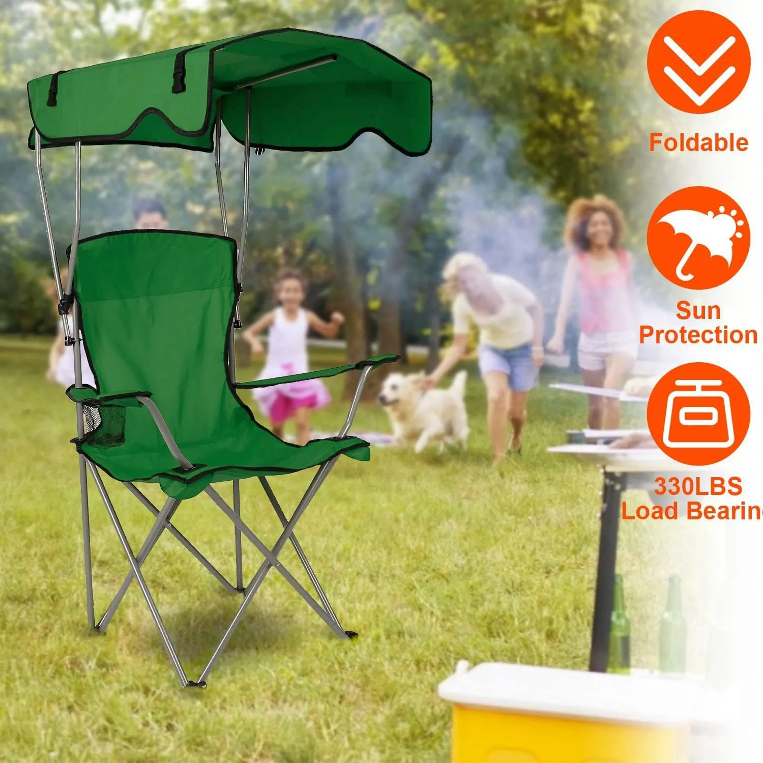 Folding Chair for Outside Camping Chair Foldable Canopy Chair with Shade Sun Protection Camping Recliner a Carry Bag with Cup Holder for Fishing/Beach/Poolside/Travel