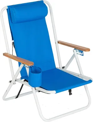 Folding Lounge Chair,Portable High Beach Chair,Patio Lightweight Camping Chair, Outdoor Garden Park Pool Side with Cup Holder, Adjustable Headrest,Blue