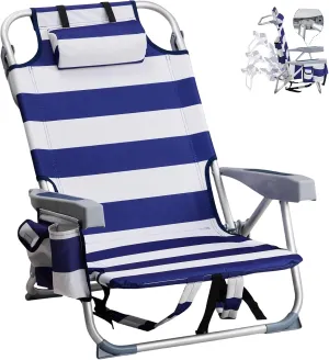 Folding Low Backpack Beach Chair 5-Position with Headrest & Cup Holder - Portable Aluminum Reclining Camping Chair with Storage Bags, Adjustable Recline - Lightweight & Compact, Dark Blue