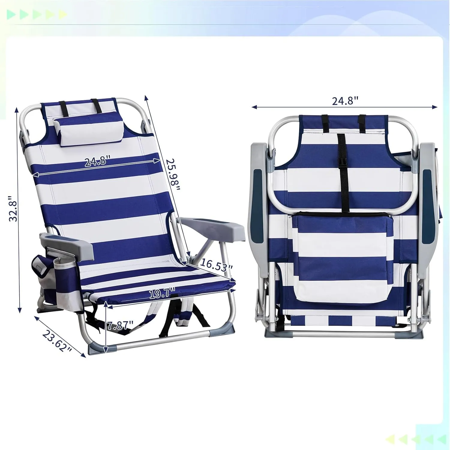 Folding Low Backpack Beach Chair 5-Position with Headrest & Cup Holder - Portable Aluminum Reclining Camping Chair with Storage Bags, Adjustable Recline - Lightweight & Compact, Dark Blue