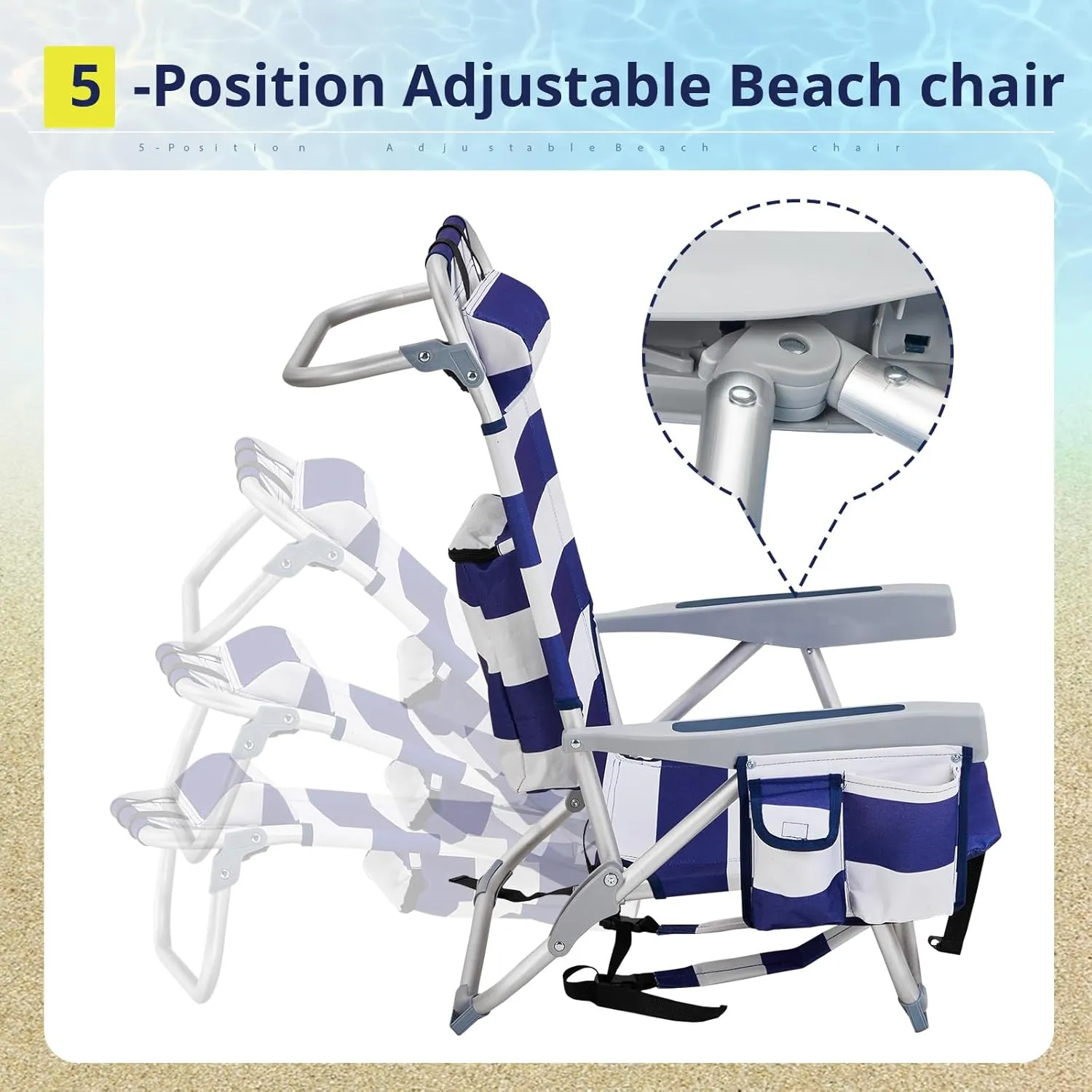 Folding Low Backpack Beach Chair 5-Position with Headrest & Cup Holder - Portable Aluminum Reclining Camping Chair with Storage Bags, Adjustable Recline - Lightweight & Compact, Dark Blue
