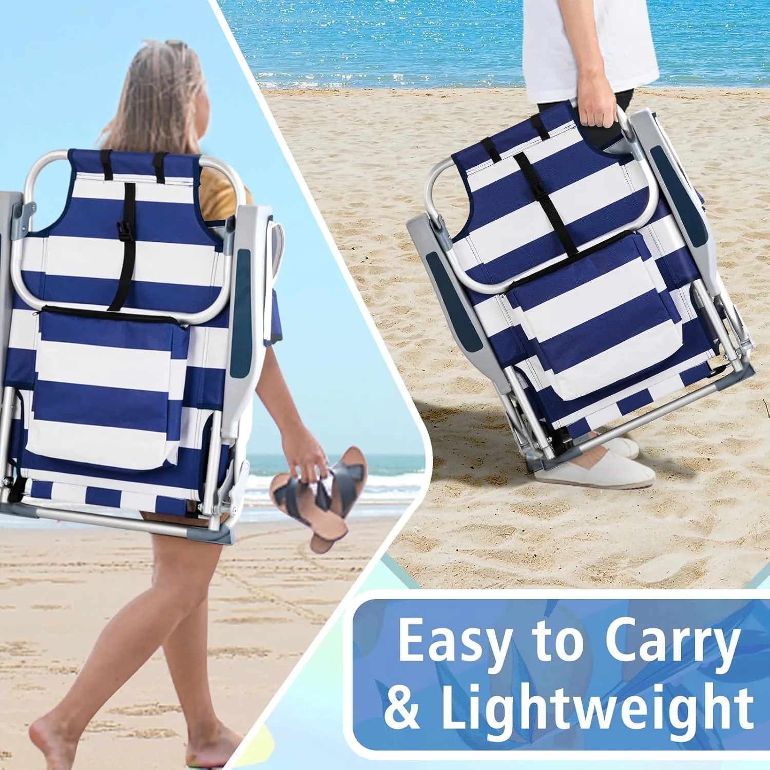 Folding Low Backpack Beach Chair 5-Position with Headrest & Cup Holder - Portable Aluminum Reclining Camping Chair with Storage Bags, Adjustable Recline - Lightweight & Compact, Dark Blue