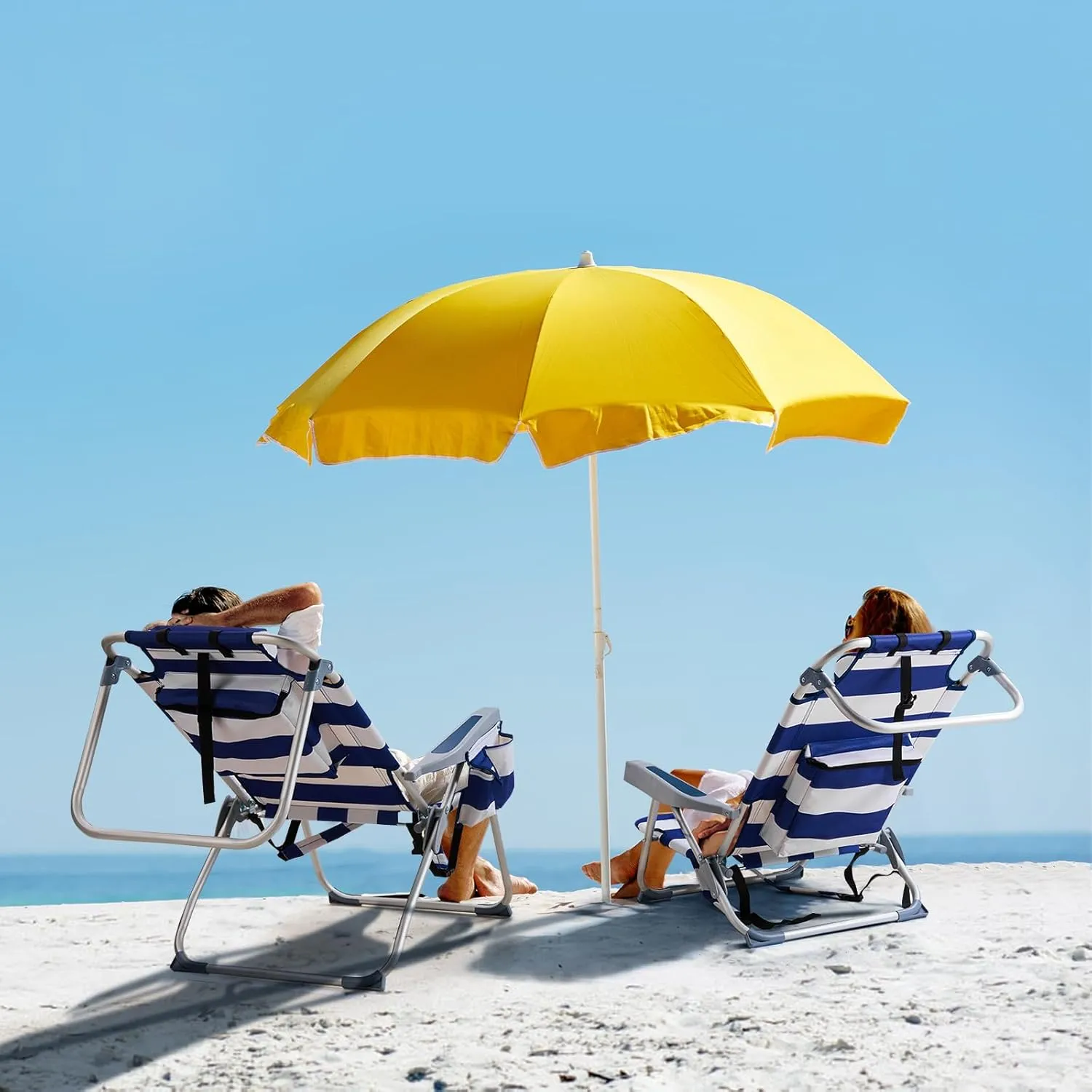 Folding Low Backpack Beach Chair 5-Position with Headrest & Cup Holder - Portable Aluminum Reclining Camping Chair with Storage Bags, Adjustable Recline - Lightweight & Compact, Dark Blue