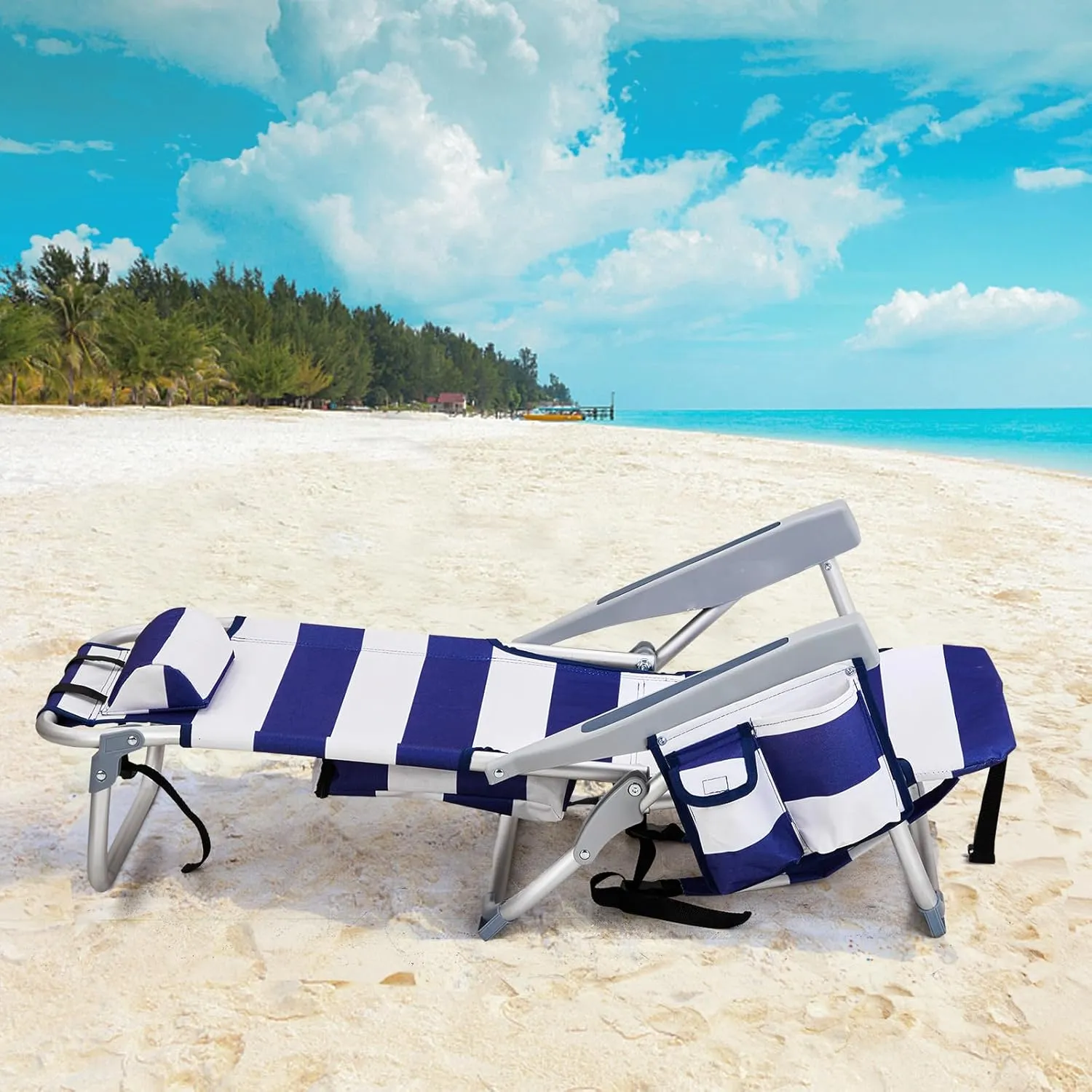 Folding Low Backpack Beach Chair 5-Position with Headrest & Cup Holder - Portable Aluminum Reclining Camping Chair with Storage Bags, Adjustable Recline - Lightweight & Compact, Dark Blue