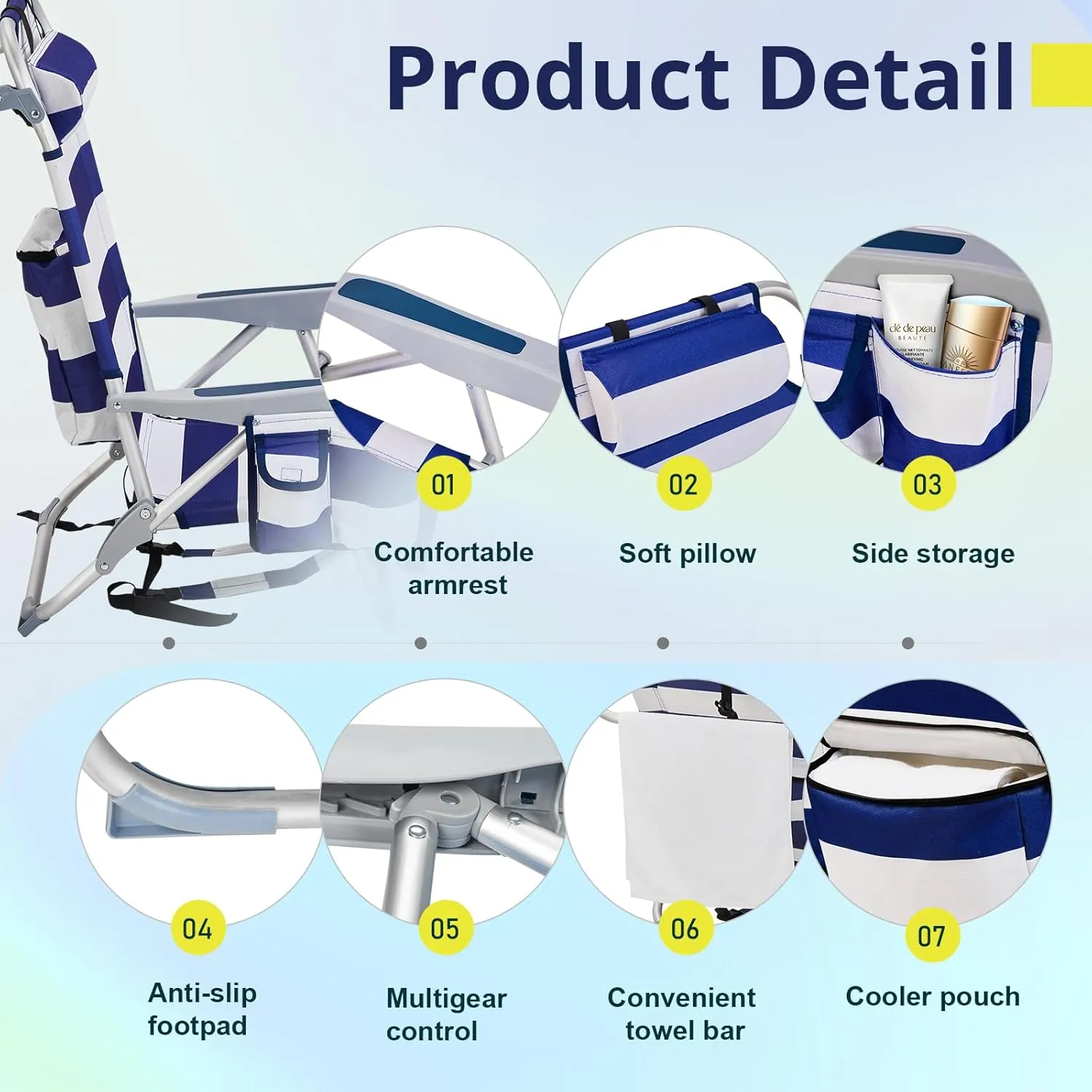 Folding Low Backpack Beach Chair 5-Position with Headrest & Cup Holder - Portable Aluminum Reclining Camping Chair with Storage Bags, Adjustable Recline - Lightweight & Compact, Dark Blue