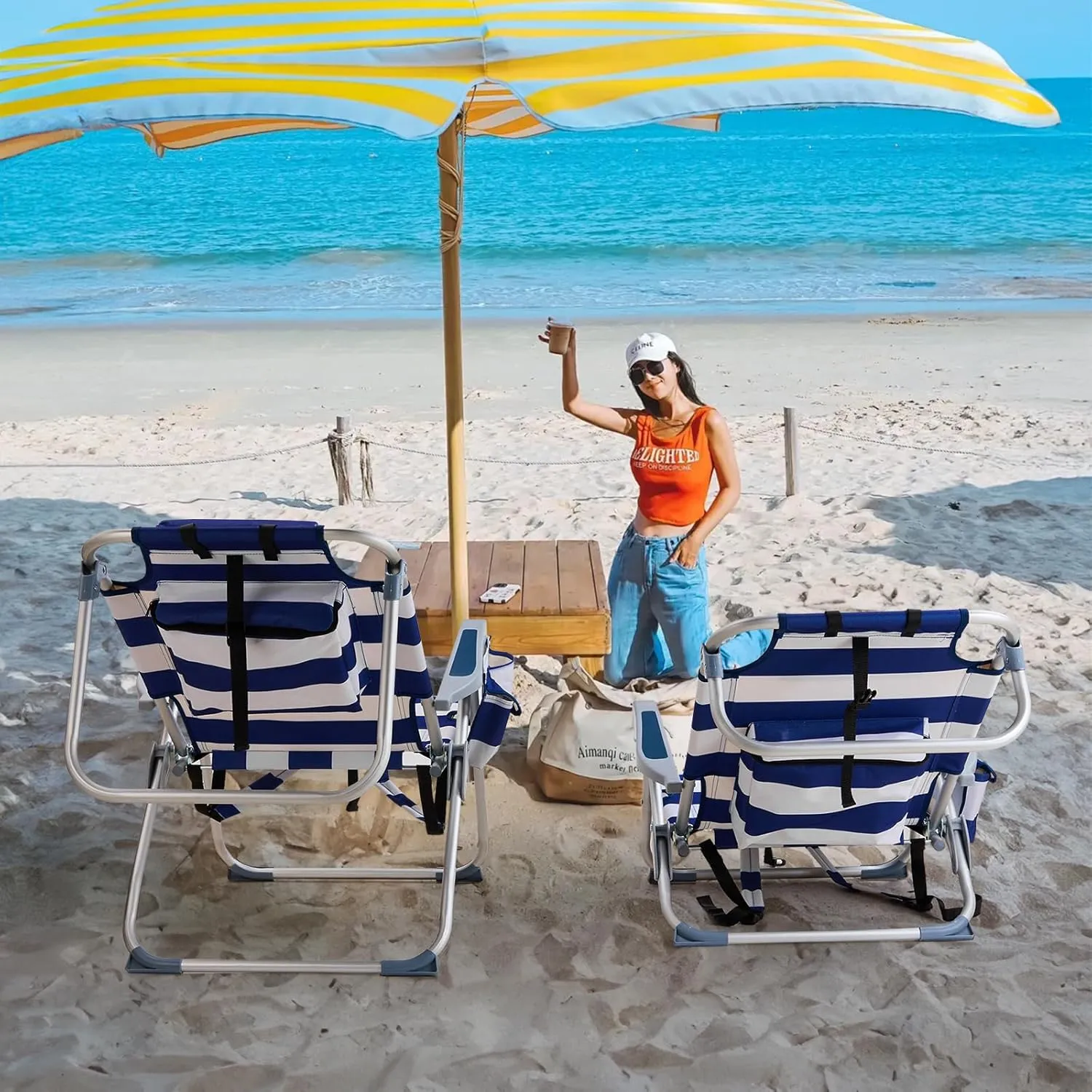 Folding Low Backpack Beach Chair 5-Position with Headrest & Cup Holder - Portable Aluminum Reclining Camping Chair with Storage Bags, Adjustable Recline - Lightweight & Compact, Dark Blue