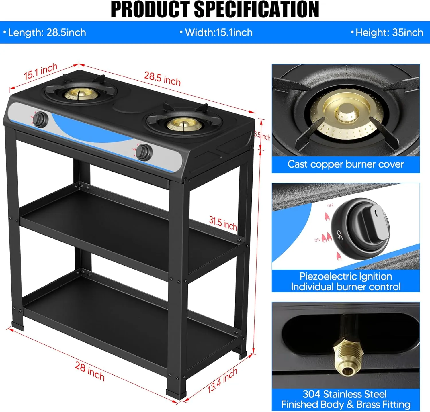 forimo Propane Gas Stove, 2-Burner, Auto Ignition, Portable, Stainless Steel, 19000 BTU/hr, Perfect for Outdoor Kitchens