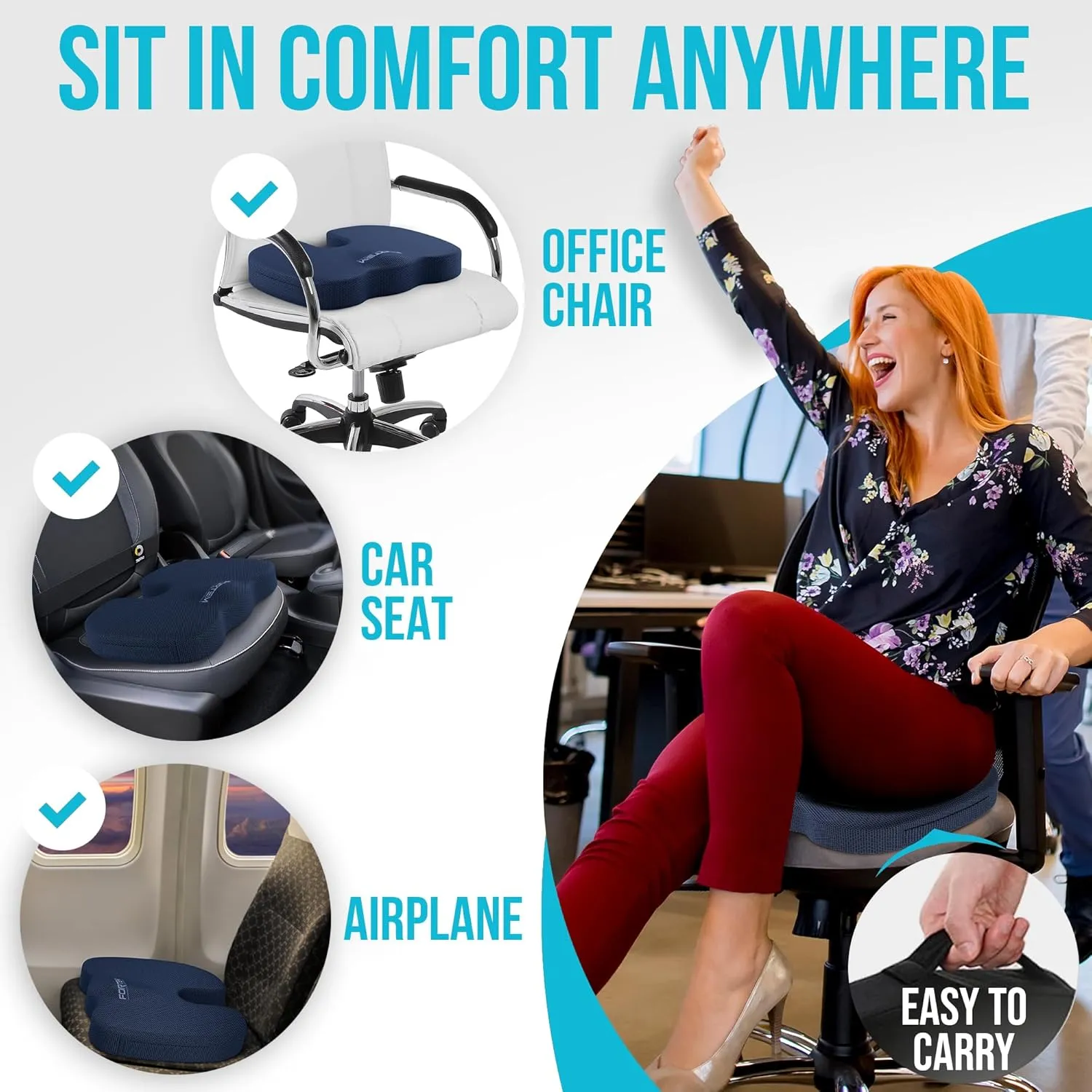 FORTEM Office Chair Cushion, Memory Foam Seat Cushion, Non Slip Sitting Pillow for Gaming, Car Seat, Computer Chair Pad, Sciatica and Tailbone Support, Washable Cover