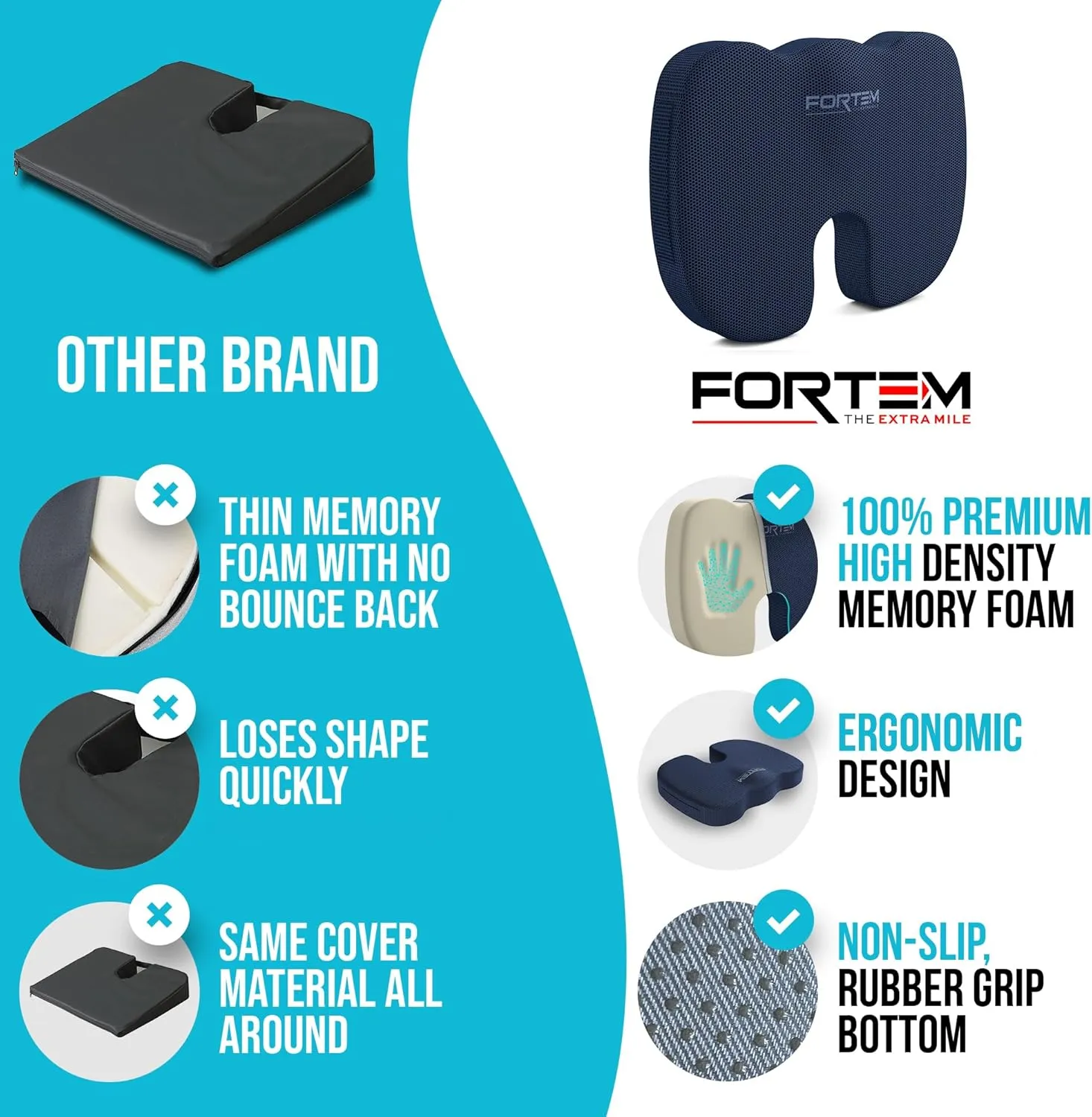 FORTEM Office Chair Cushion, Memory Foam Seat Cushion, Non Slip Sitting Pillow for Gaming, Car Seat, Computer Chair Pad, Sciatica and Tailbone Support, Washable Cover