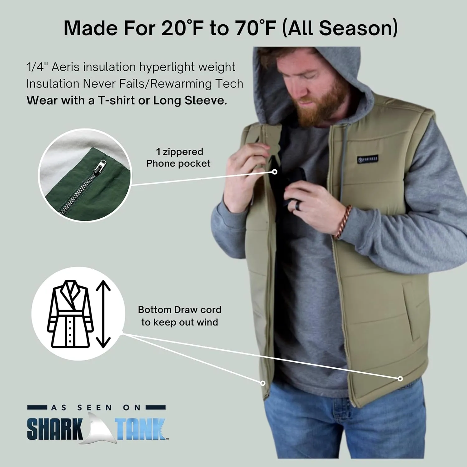 Fortress Terra Hoodie Insulated with USA Made AERIS Technology, Wind and Water Resistant Core (Spring Hoodie)