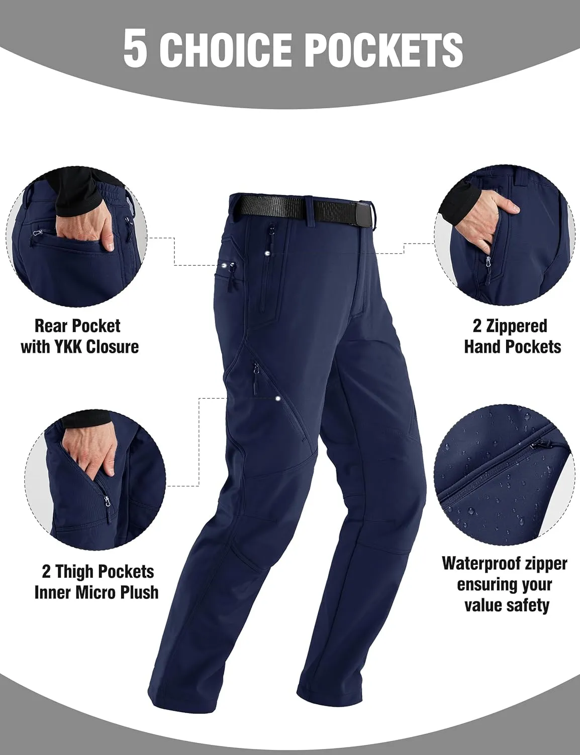 FREE SOLDIER Men's Fleece Lined Outdoor Cargo Hiking Pants Water Repellent Softshell Snow Ski Pants with Zipper Pockets