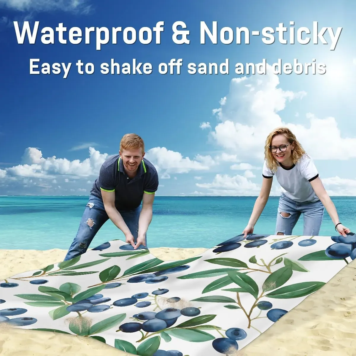 Fruits Beach Blanket, Sandproof Beach Mat, 68 x 59 Waterproof Quick Drying Sand Free Mat with 4 x Ground Spikes for Outdoor Travel Camping Hiking, Fresh Blueberries