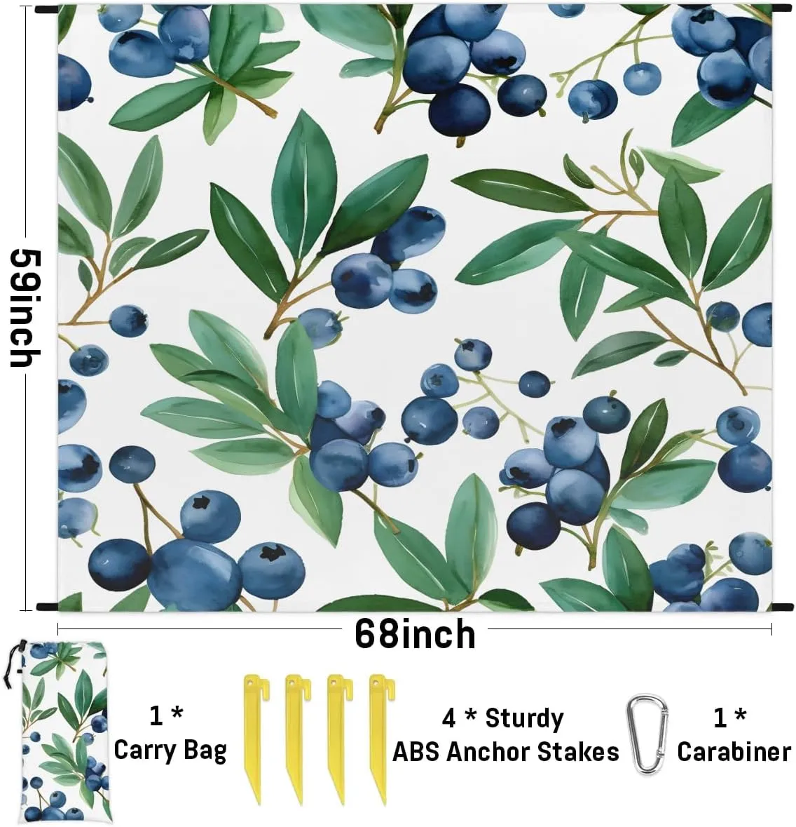 Fruits Beach Blanket, Sandproof Beach Mat, 68 x 59 Waterproof Quick Drying Sand Free Mat with 4 x Ground Spikes for Outdoor Travel Camping Hiking, Fresh Blueberries