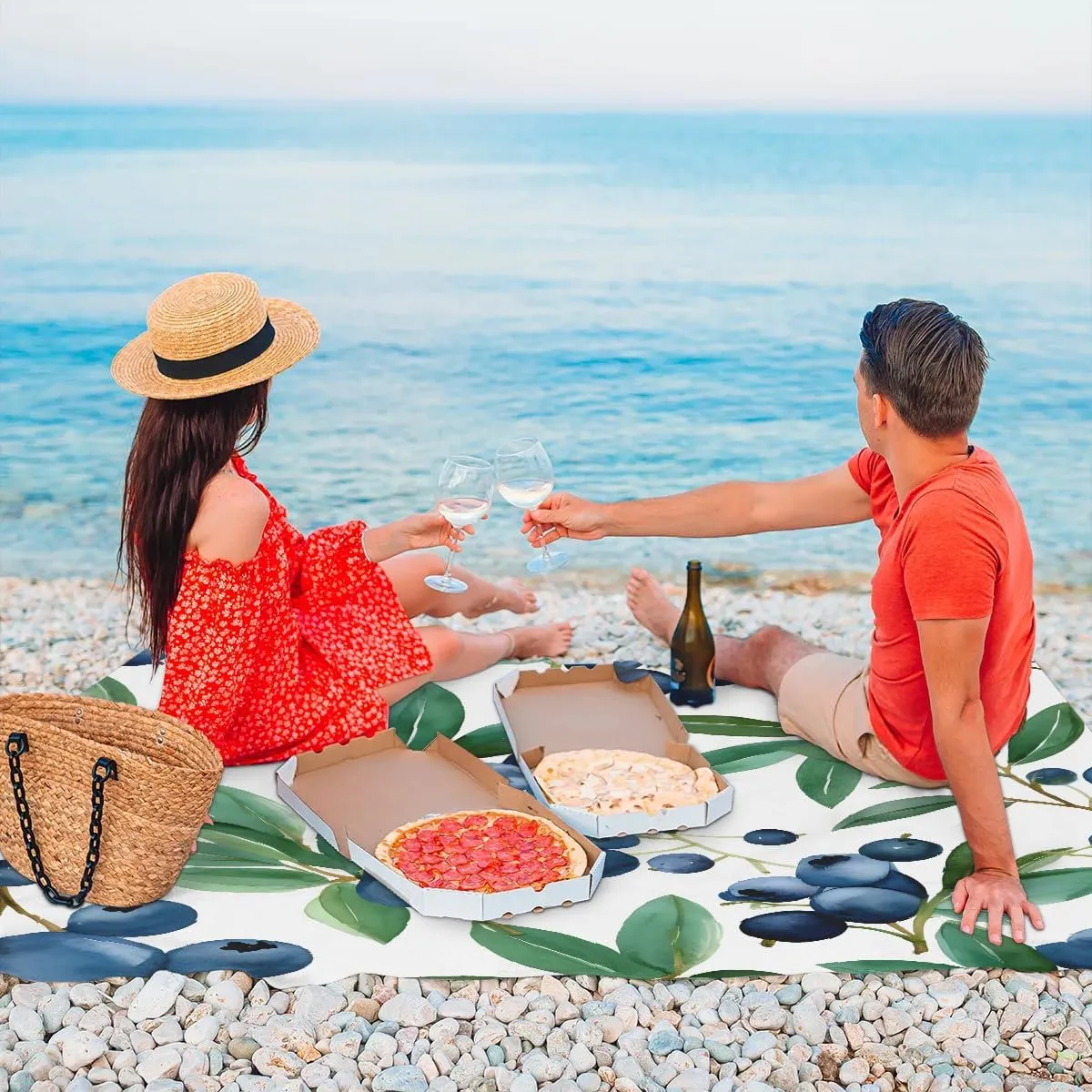 Fruits Beach Blanket, Sandproof Beach Mat, 68 x 59 Waterproof Quick Drying Sand Free Mat with 4 x Ground Spikes for Outdoor Travel Camping Hiking, Fresh Blueberries