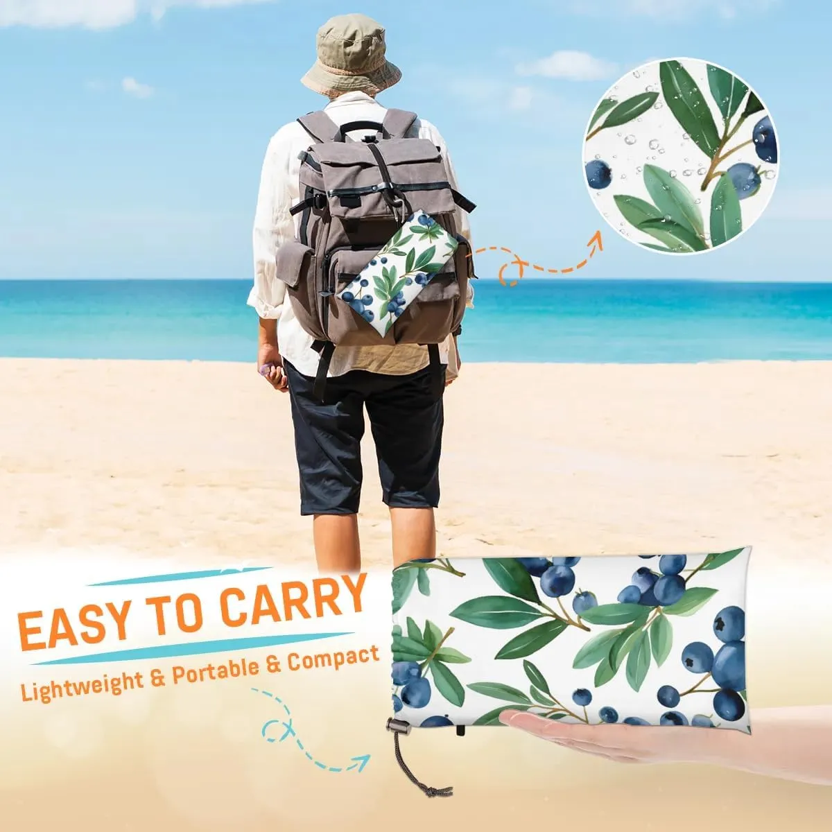 Fruits Beach Blanket, Sandproof Beach Mat, 68 x 59 Waterproof Quick Drying Sand Free Mat with 4 x Ground Spikes for Outdoor Travel Camping Hiking, Fresh Blueberries