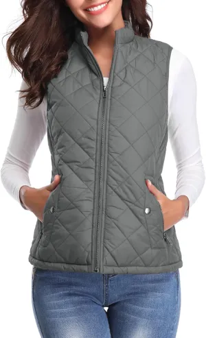 Fuinloth Women's Quilted Vest, Stand Collar Lightweight Zip Padded Gilet