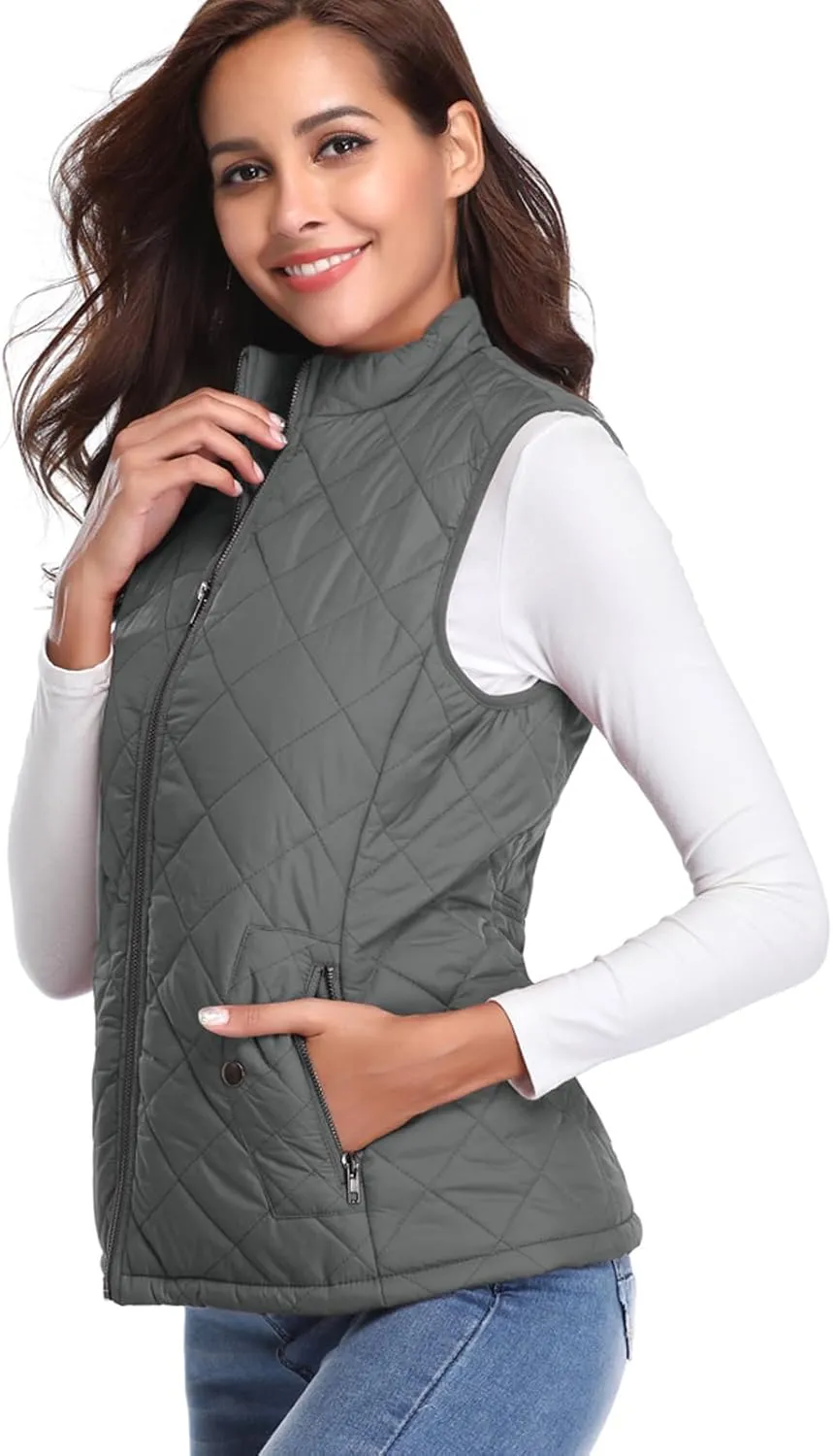 Fuinloth Women's Quilted Vest, Stand Collar Lightweight Zip Padded Gilet