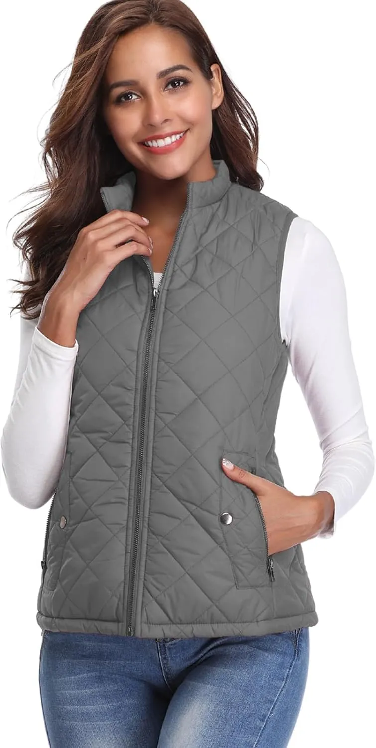 Fuinloth Women's Quilted Vest, Stand Collar Lightweight Zip Padded Gilet