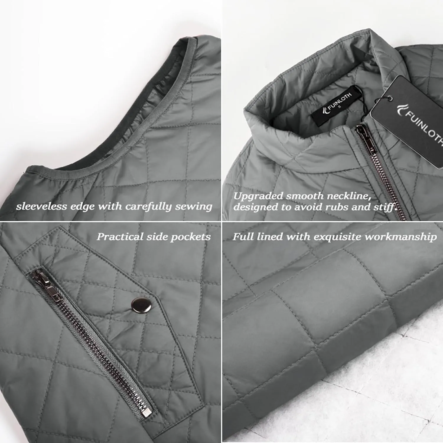 Fuinloth Women's Quilted Vest, Stand Collar Lightweight Zip Padded Gilet