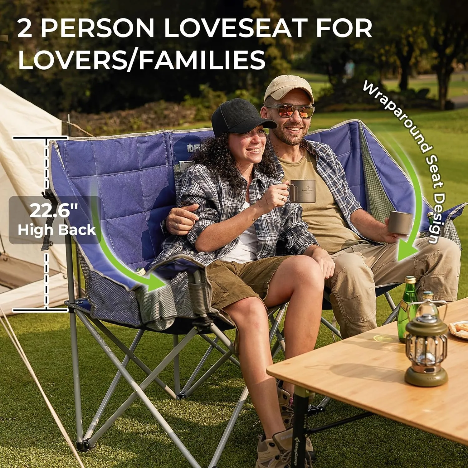 FUNDANGO Double Camping Chair, 2 Person Folding Padded Loveseat for Adults，660lbs Heavy Duty Chair with Arm Cup Holder for Outdoor Patio Lawn Camp with Carry Bag (Blue)